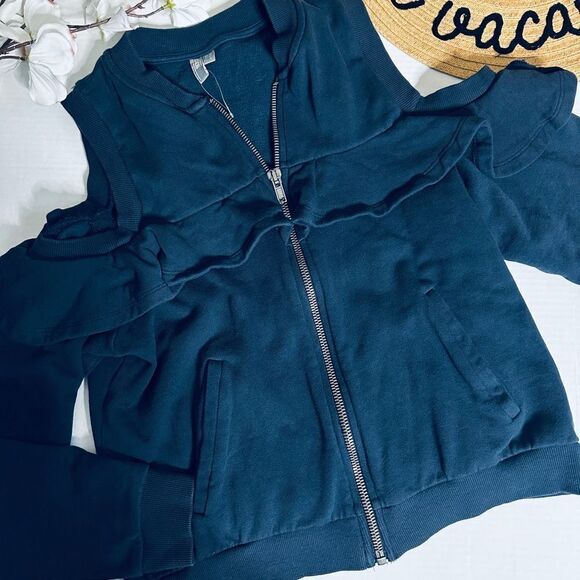 ASOS Cold Shoulder Cut Out Ruffle Trim Zip Up Navy Blue Sweatshirt w/ Pockets - Picture 7 of 7